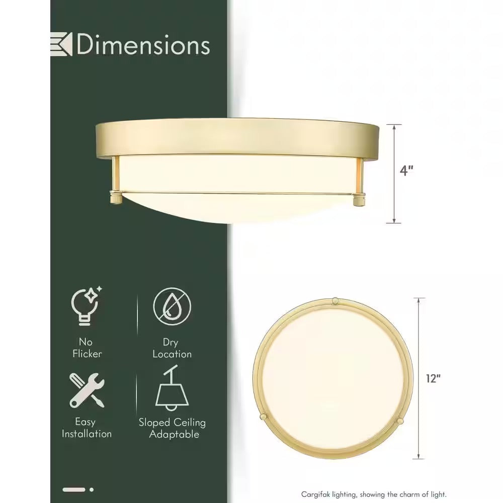 JAZAVA 12 in. 2-Light Gold Modern Flush Mount Ceiling Light with Brass With Frosted Glass