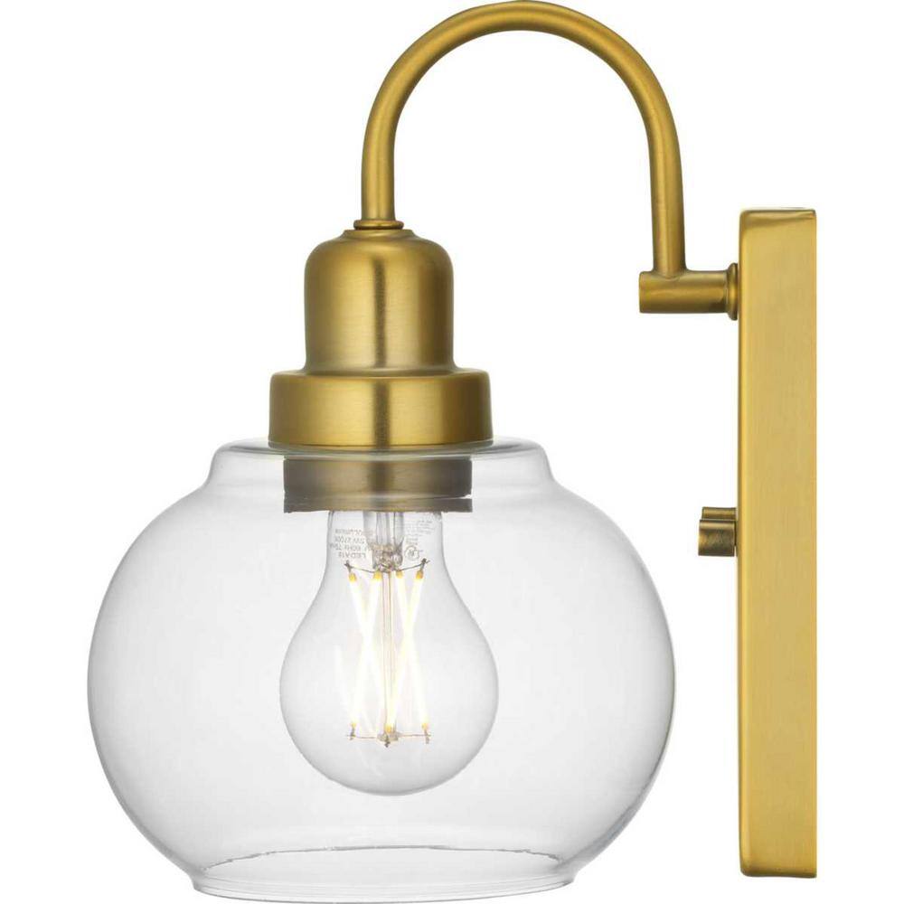 Home Decorators Collection Halyn 4.5 in. 1-Light Vintage Brass Indoor Wall Sconce with Clear Glass Shade