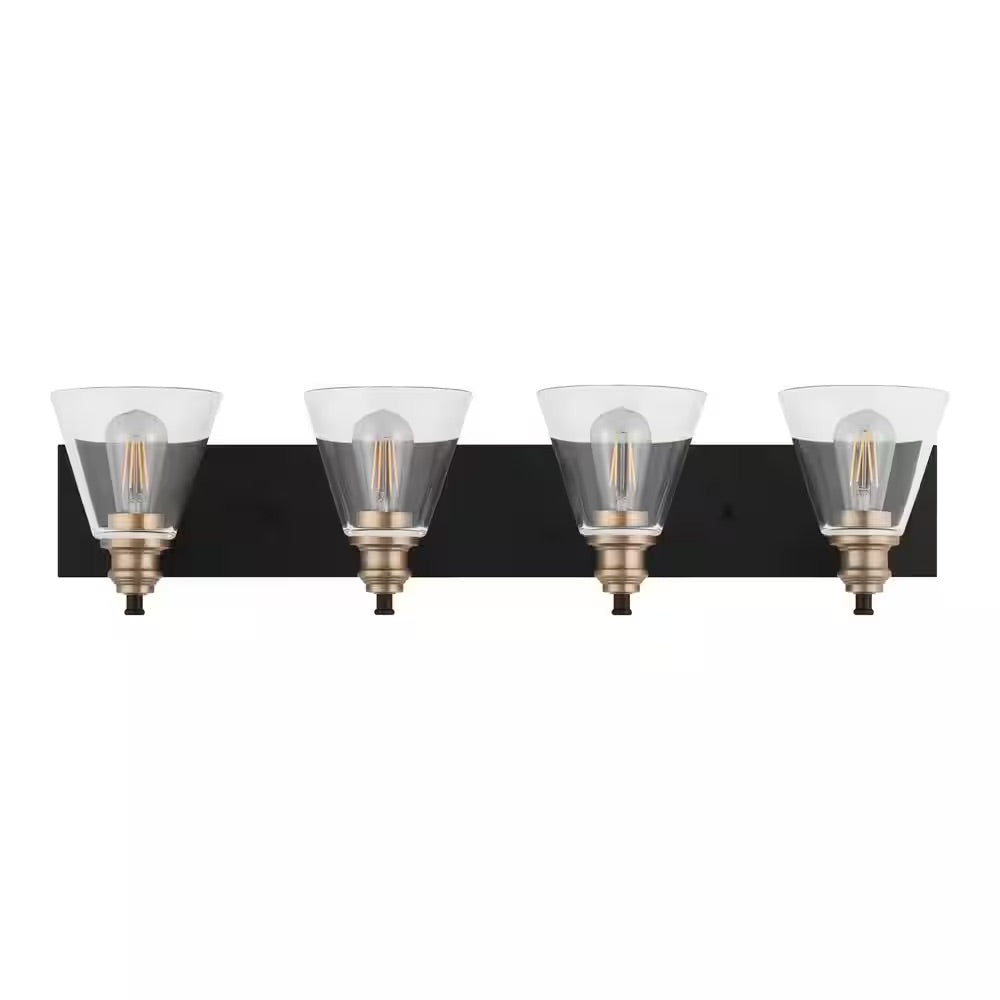 Hampton Bay Manor 33 in. 4-Light Matte Black Industrial Bathroom Vanity Light with Vintage Brass Accents and Clear Glass Shades