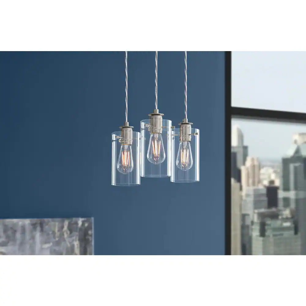 Hampton Bay Regan 3-Light Brushed Nickel Pendant Hanging Light with Clear Glass Shades, Industrial Kitchen Pendant Lighting