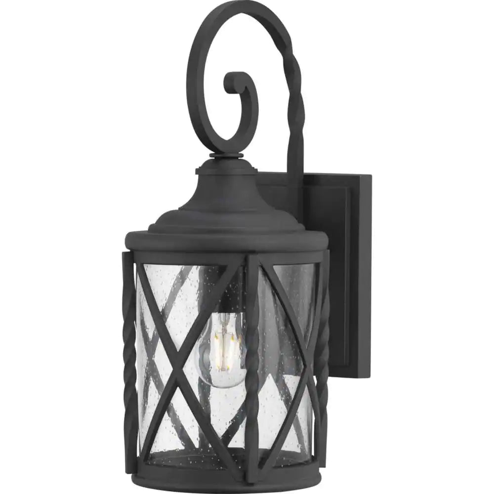 Home Decorators Collection Walcott Manor 8 in. One-Light Gilded Iron Industrial Outdoor Wall Lantern Sconce with Clear Seeded Glass