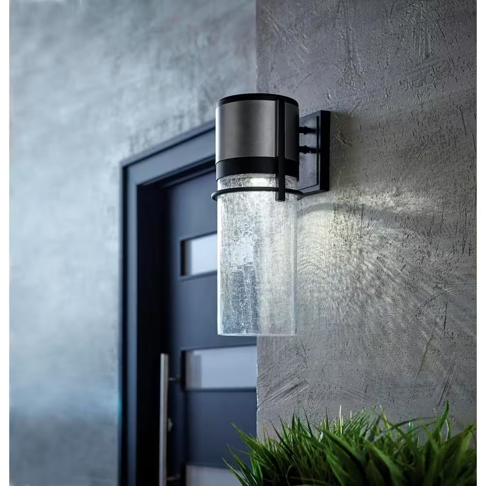 Home Decorators Collection Majestic 16.5 in. Black LED Outdoor Wall Lamp Sconce with Clear Crackle Glass Shade