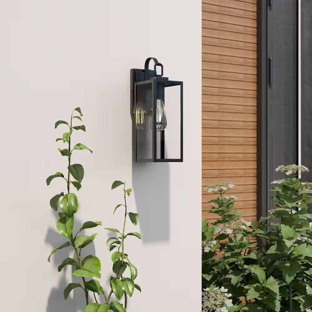 Pia Ricco 1-Light Matte Black Dusk to Dawn Sensor Hardwired Outdoor Lantern Wall Sconce, Exterior Wall Fixture