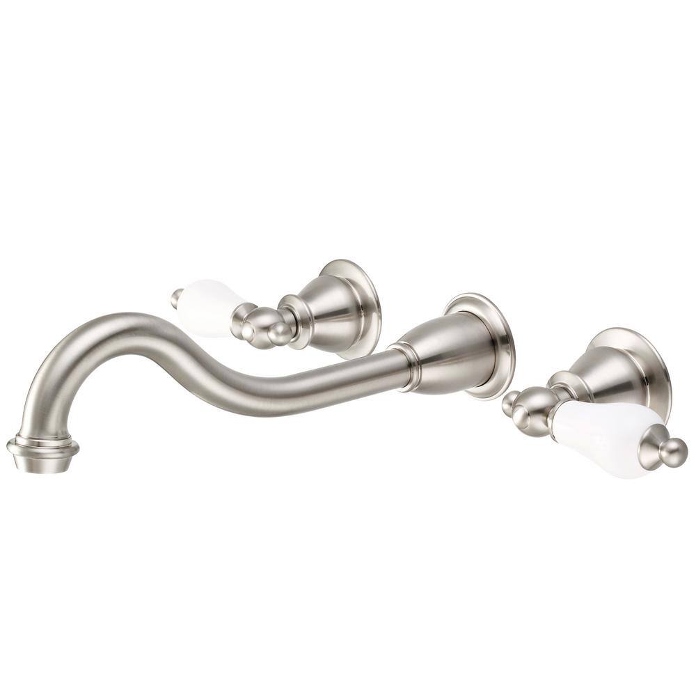 Water Creation Wall Mount 2-Handle Elegant Spout Bathroom Faucet in Brushed Nickel