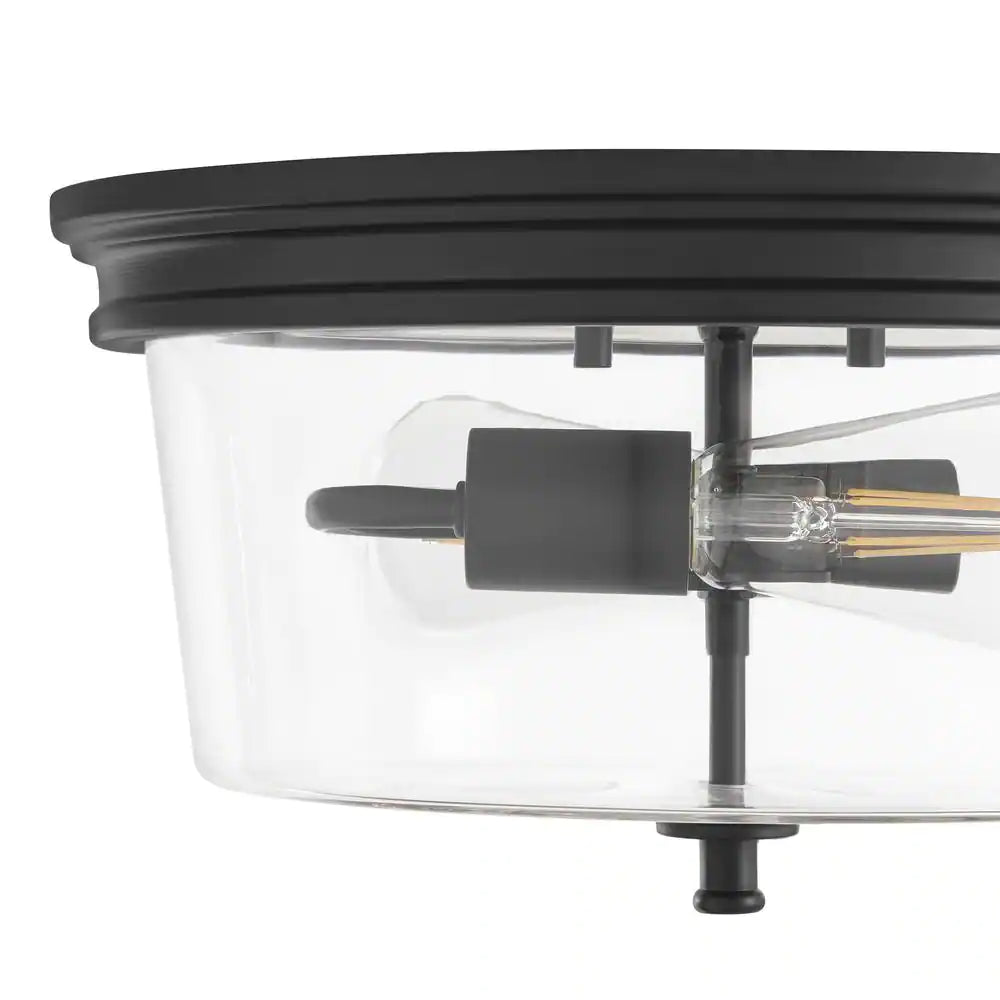 Hampton Bay Manor 13 in. Matte Black Round Flush Mount, Industrial Ceiling Light with Clear Glass Shade