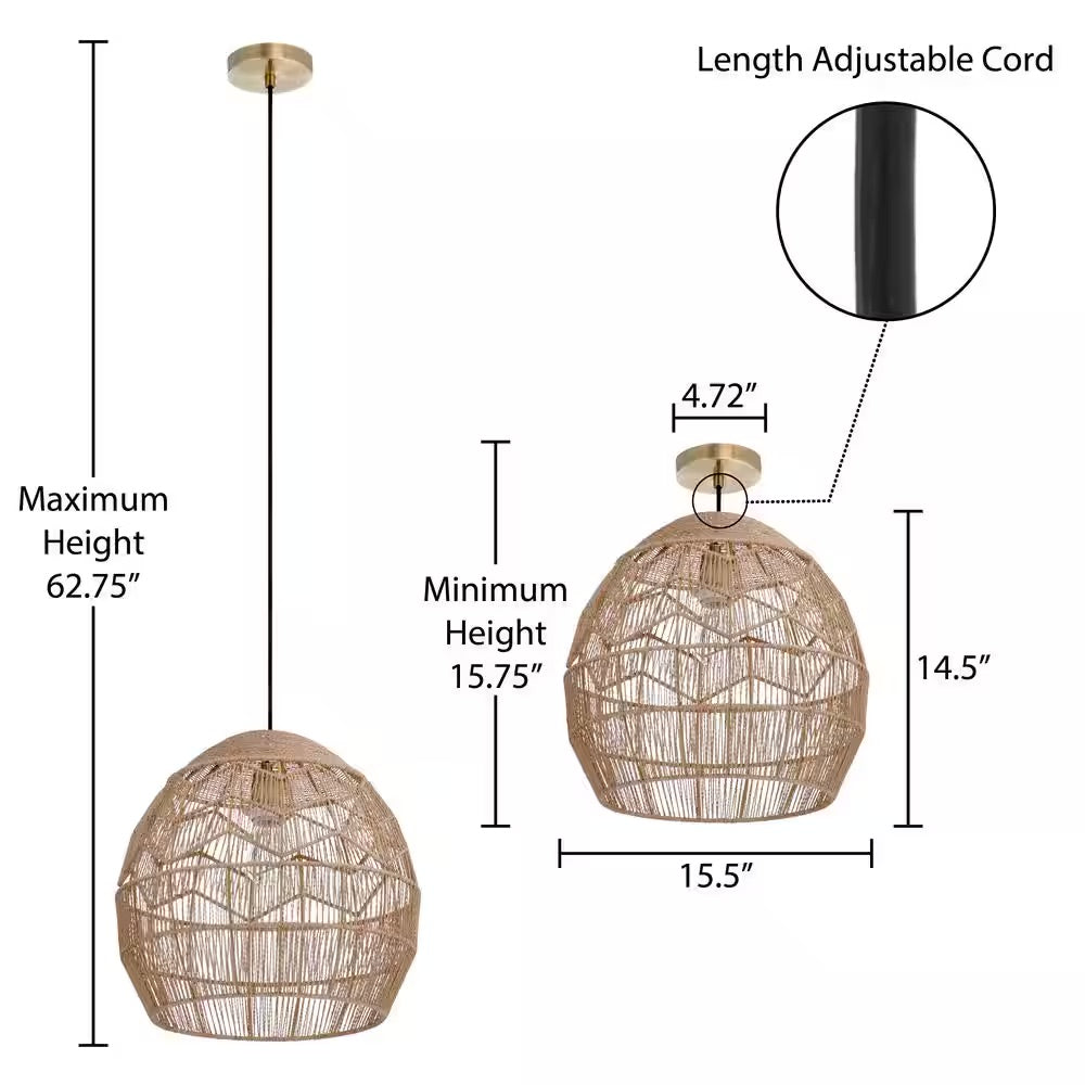 River of Goods Ramona 1-Light Light Bronze Metal Pendant With Woven Hemp Shade