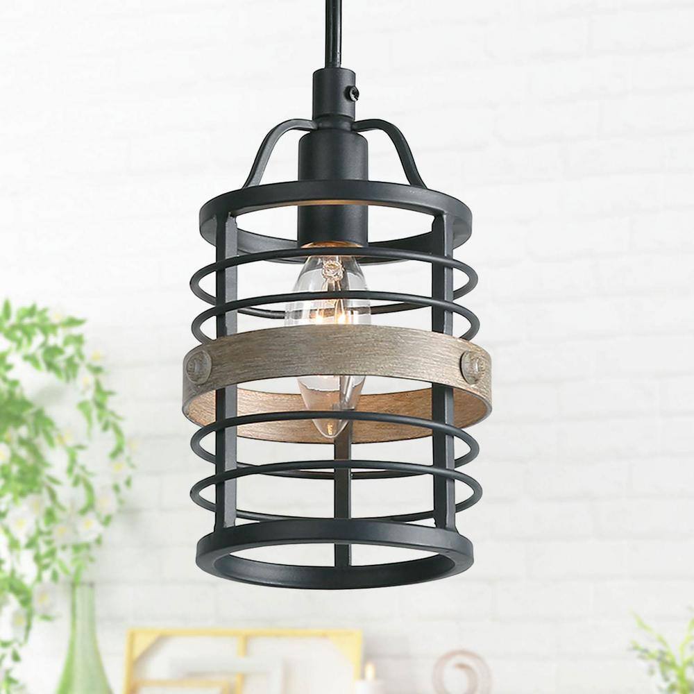 LNC 1-Light Black Industrial Open Cage Modern Farmhouse Island Lantern Drum Pendant with Faux Wood Accents LED Compatible