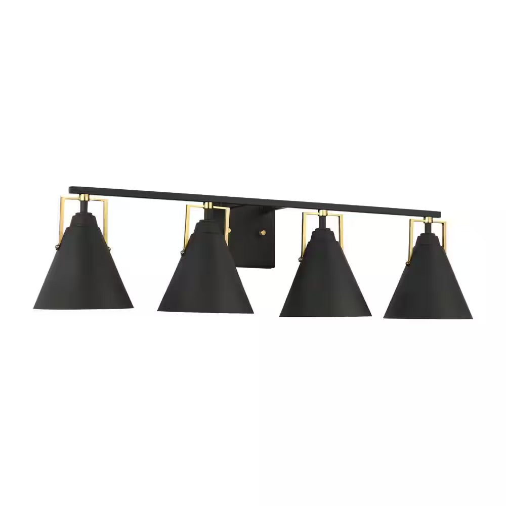 Home Decorators Collection Insdale 4-Light Matte Black Modern Bathroom Vanity with Satin Brass Accents