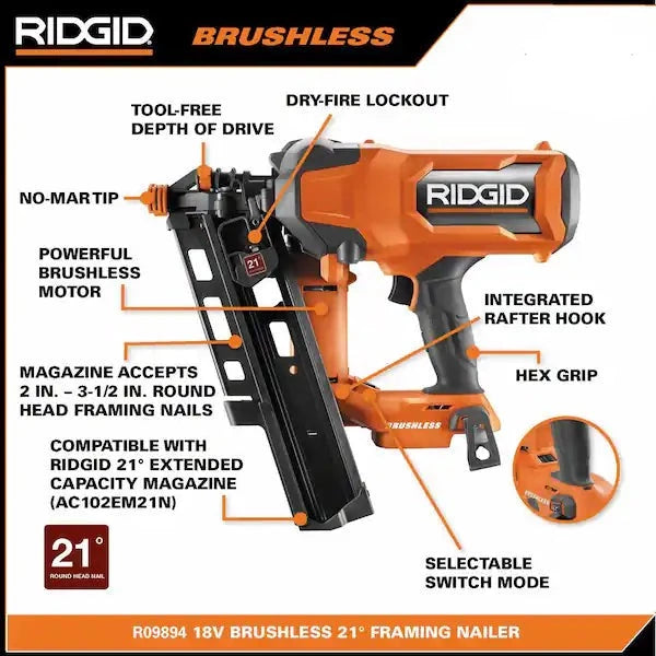 RIDGID 18V Brushless Cordless 21° 3-1/2 in. Framing Nailer (Tool Only)