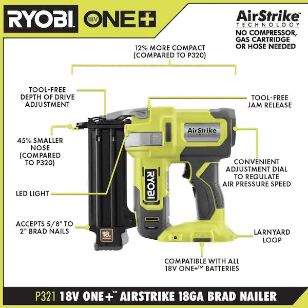 RYOBI ONE+ 18V 18-Gauge Cordless AirStrike Brad Nailer (Tool Only)