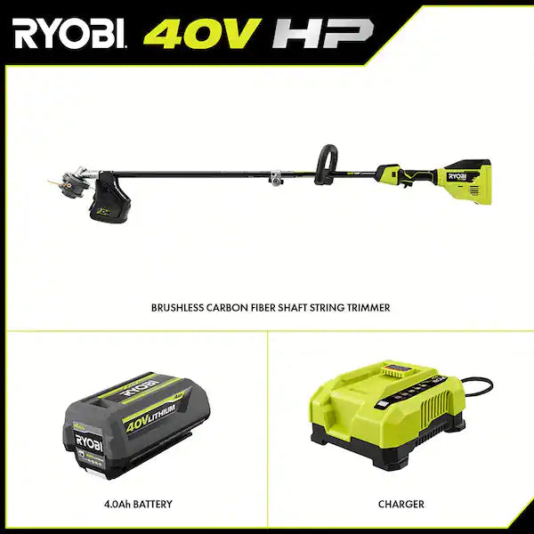 RYOBI 40V HP Brushless 15 in. Cordless Carbon Fiber Shaft Attachment Capable String Trimmer with 4.0 Ah Battery and Charger