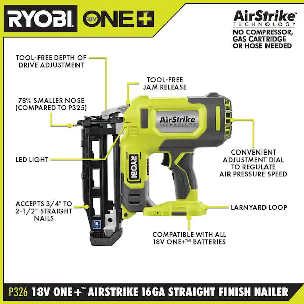 RYOBI ONE+ 18V 16-Gauge Cordless AirStrike Finish Nailer (Tool Only)