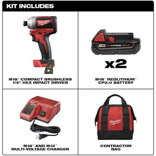 Milwaukee M18 18V Lithium-Ion Brushless Cordless 1/4 in. Impact Driver Kit with Two 2.0 Ah Batteries, Charger and Hard Case