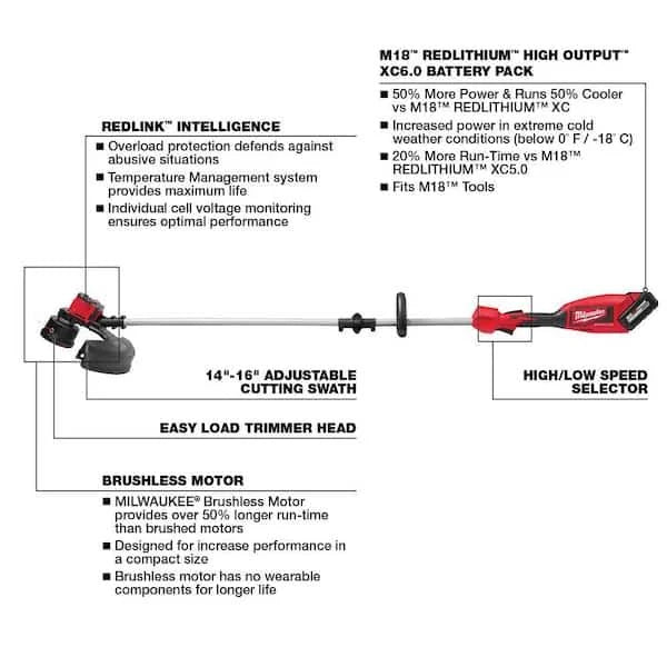 Milwaukee M18 18V Lithium-Ion Brushless Cordless String Trimmer, 6.0 Ah Battery, Charger and M18 FUEL Blower Combo Kit