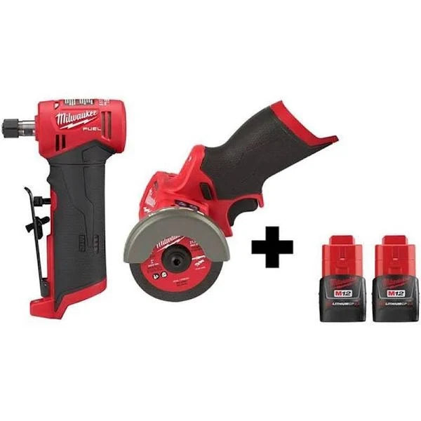 Milwaukee M12 FUEL 12V Lithium-Ion Brushless Cordless 1/4 in. Right Angle Die Grinder and Cut Off Saw with 2 Batteries