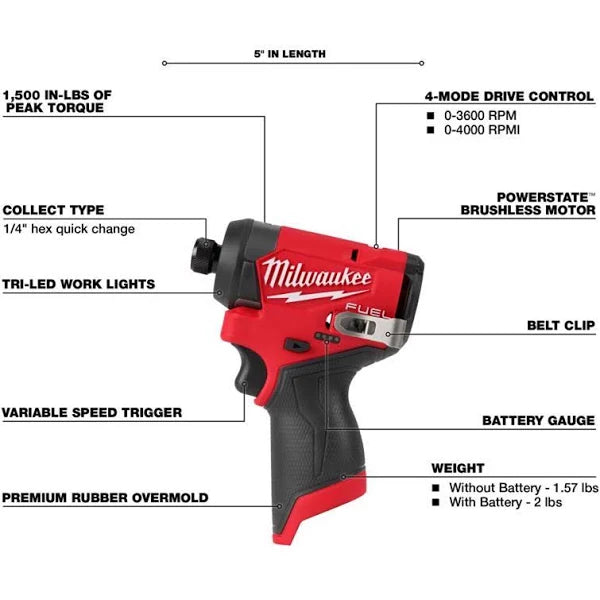 Milwaukee M12 FUEL 12V Lithium-Ion Brushless Cordless 1/4 in. Hex Impact Driver (Tool-Only)