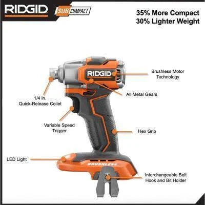 RIDGID 18V SubCompact Brushless Cordless Impact Driver Kit with (1) 2.0 Ah Battery, Charger, and Bag