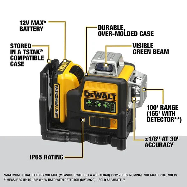 DEWALT 12V MAX Lithium-Ion 100 ft. Green Self-Leveling 3-Beam 360 Degree Laser Level with 2.0Ah Battery, Charger and Case