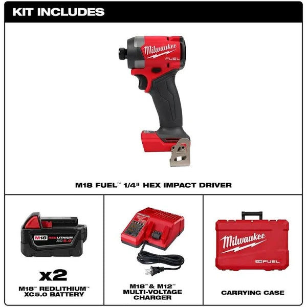Milwaukee M18 FUEL 18V Lithium-Ion Brushless Cordless 1/4 in. Hex Impact Driver Kit with Two 5.0Ah Batteries Charger Hard Case