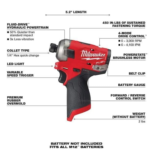 Milwaukee M12 FUEL SURGE 12V Lithium-Ion Brushless Cordless 1/4 in. Hex Impact Driver w/High Output 2.5 Ah Battery