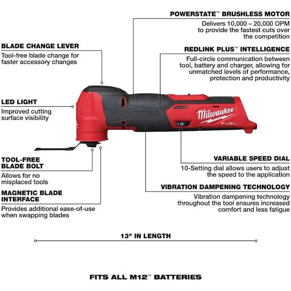 Milwaukee M12 FUEL 12V Lithium-Ion Cordless Oscillating Multi-Tool Kit w/High Output 2.5 Ah Battery, Charger, Accessories & Bag