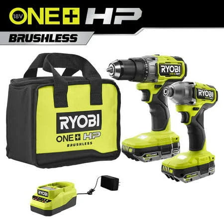 RYOBI ONE+ HP 18V Brushless Cordless 1/2 in. Drill/Driver and Impact Driver Kit w/(2) 2.0 Ah Batteries, Charger, and Bag